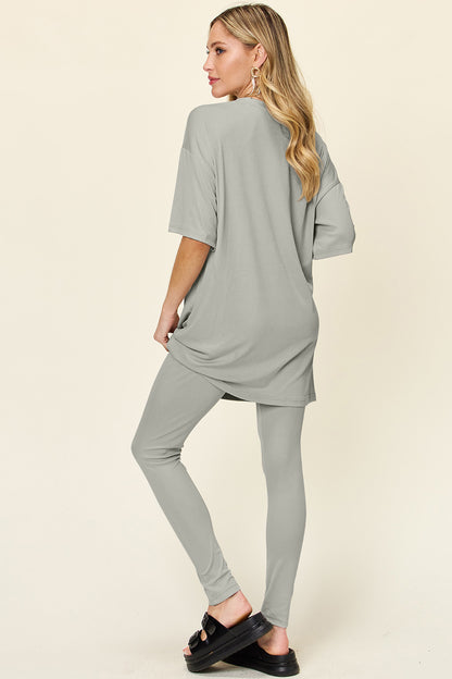 Round Neck Dropped Shoulder T-Shirt and Leggings Set