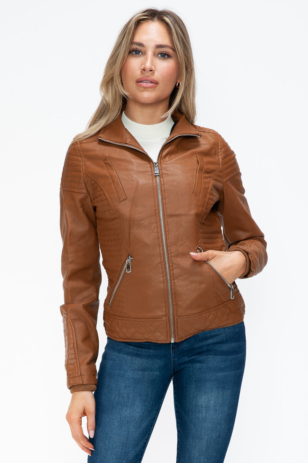 Faux Layered Double-Zipper Jacket with Fuzzy Hood