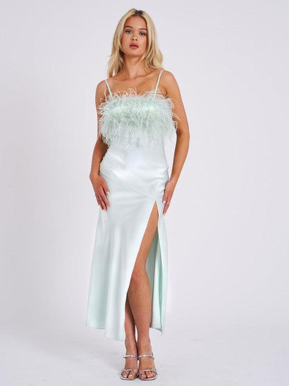 Feather Maxi High Satin Slit Dress