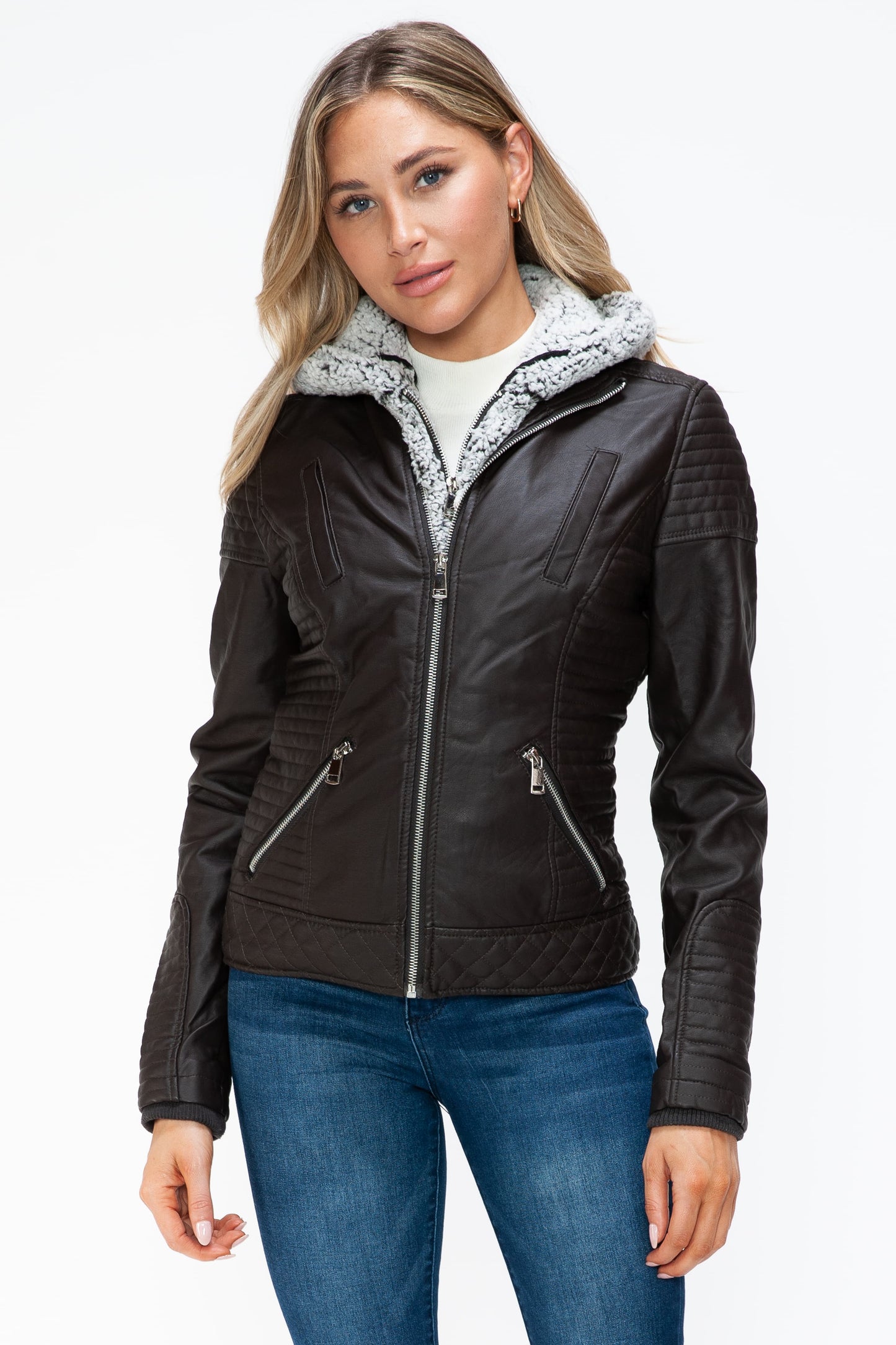 Faux Layered Double-Zipper Jacket with Fuzzy Hood