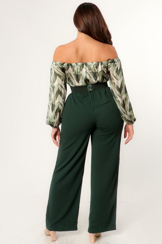 Off Shoulder Belted Wide Leg Jumpsuit