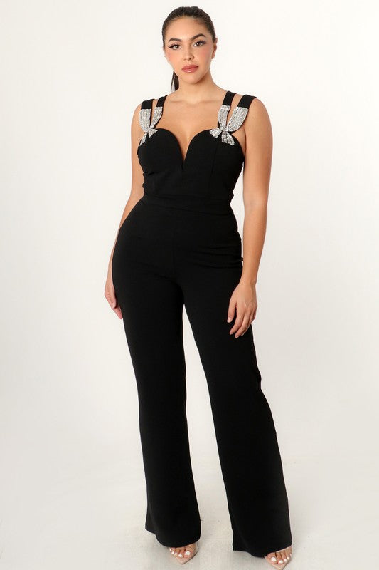 Dual Rhinestone Strap Top and Wide Leg Pant Set