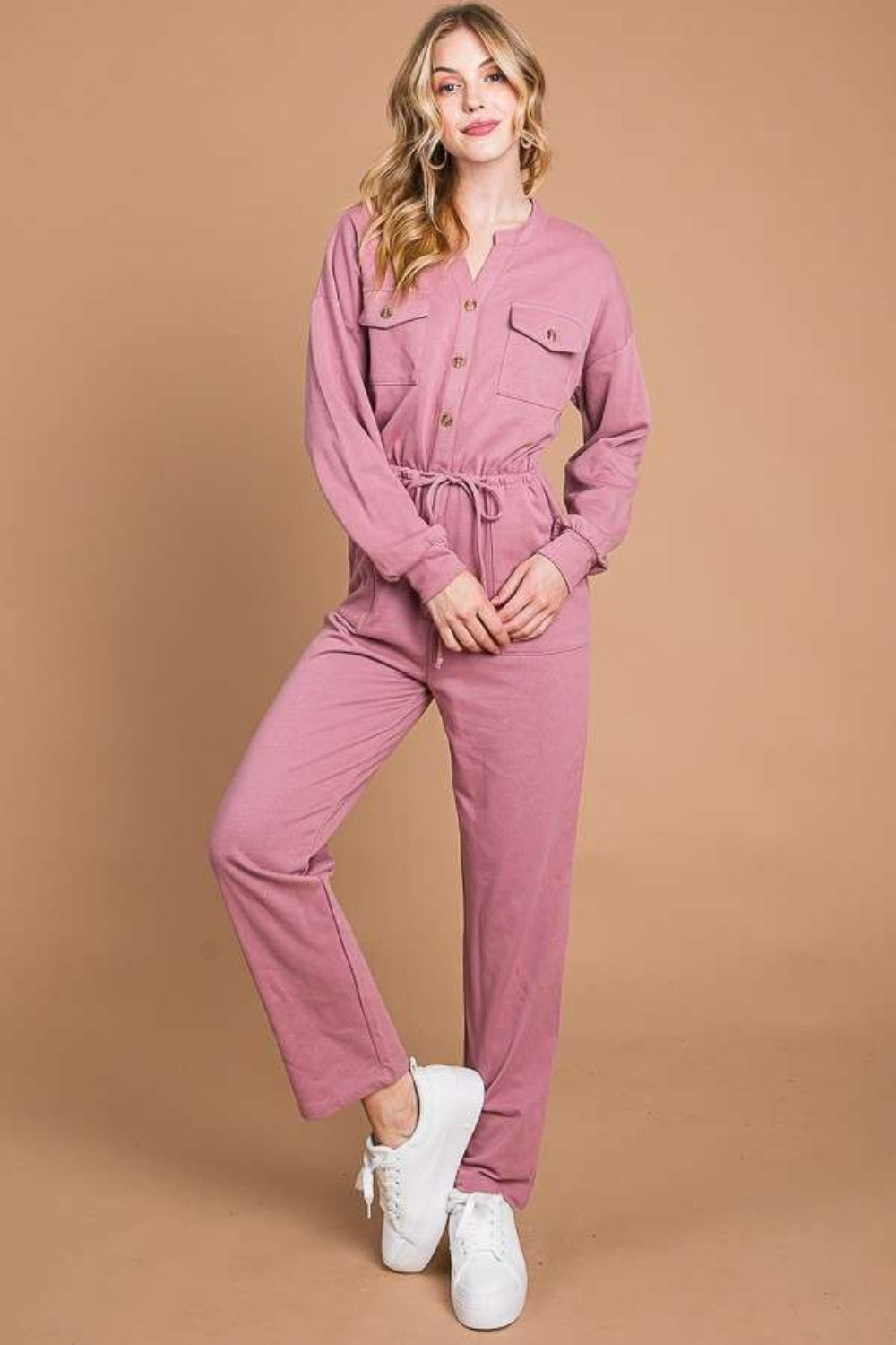 Button Up Drawstring Waist Straight Jumpsuit