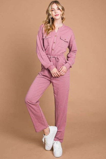 Button Up Drawstring Waist Straight Jumpsuit