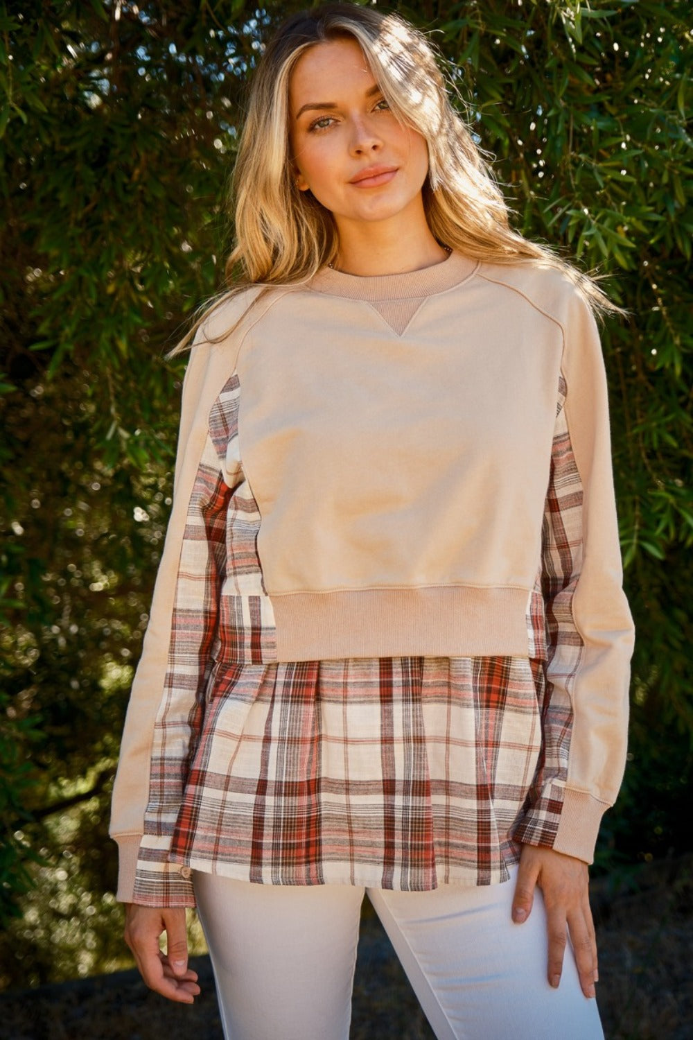 Double Layered Plaid Contrast Sweatshirt