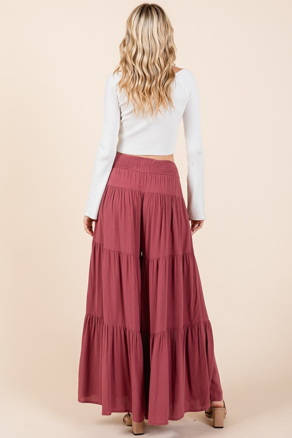 Tier Detail Smocked Elastic Waist Wide Leg Pants