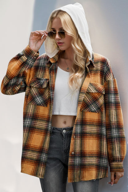 Drawstring Plaid Long Sleeve Hooded Shacket