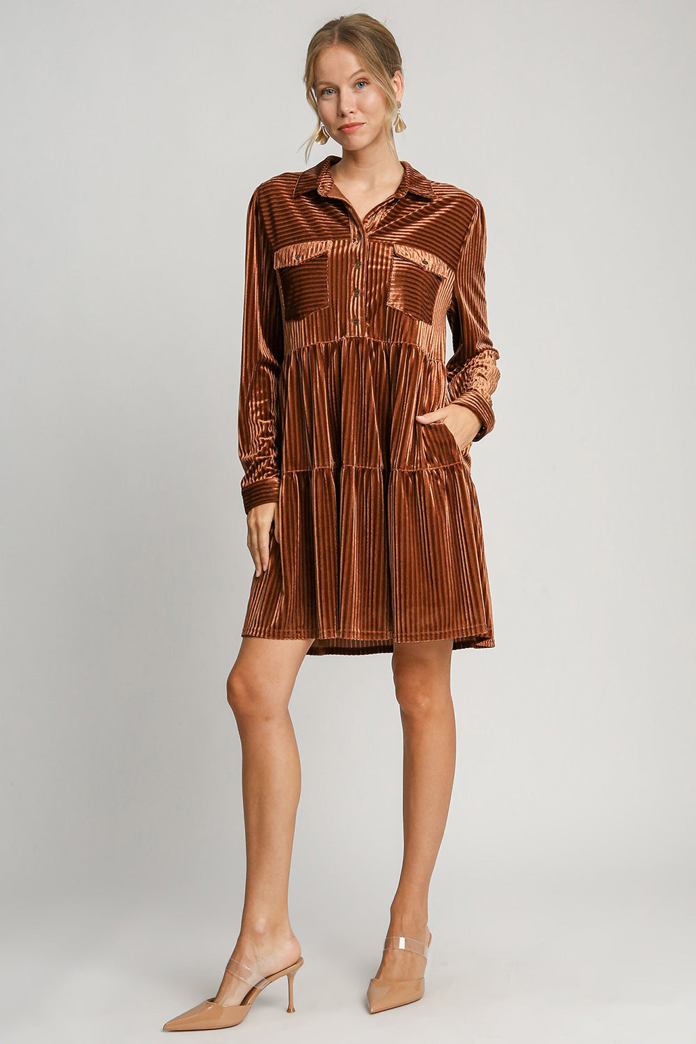 Texture Tiered Collared Long Sleeve Dress