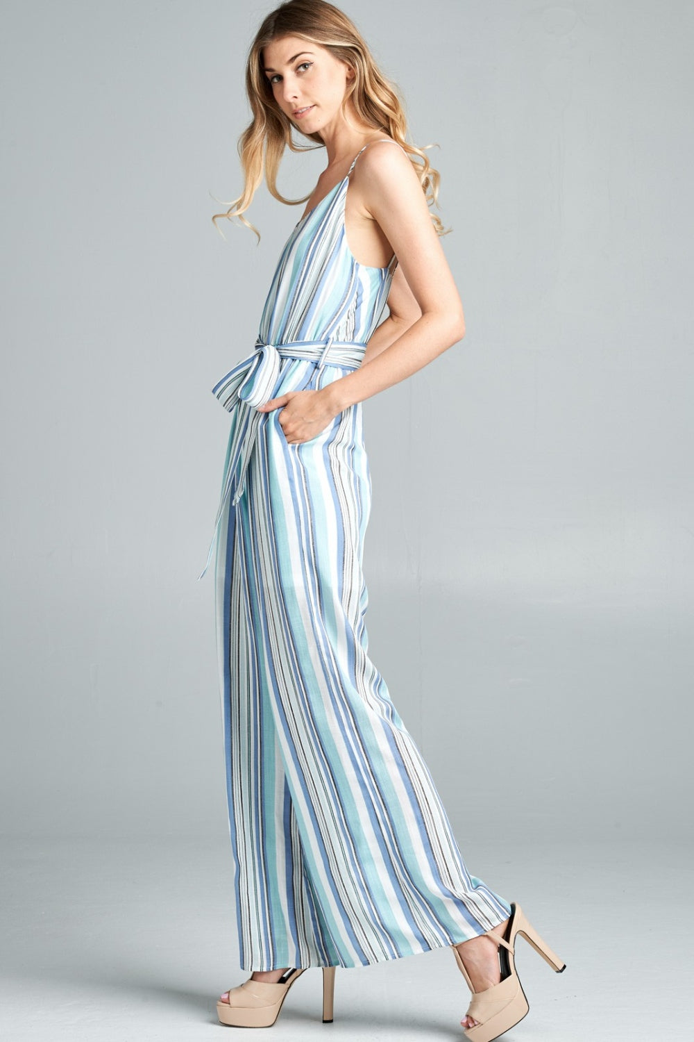 Tie Front Striped Sleeveless Jumpsuit