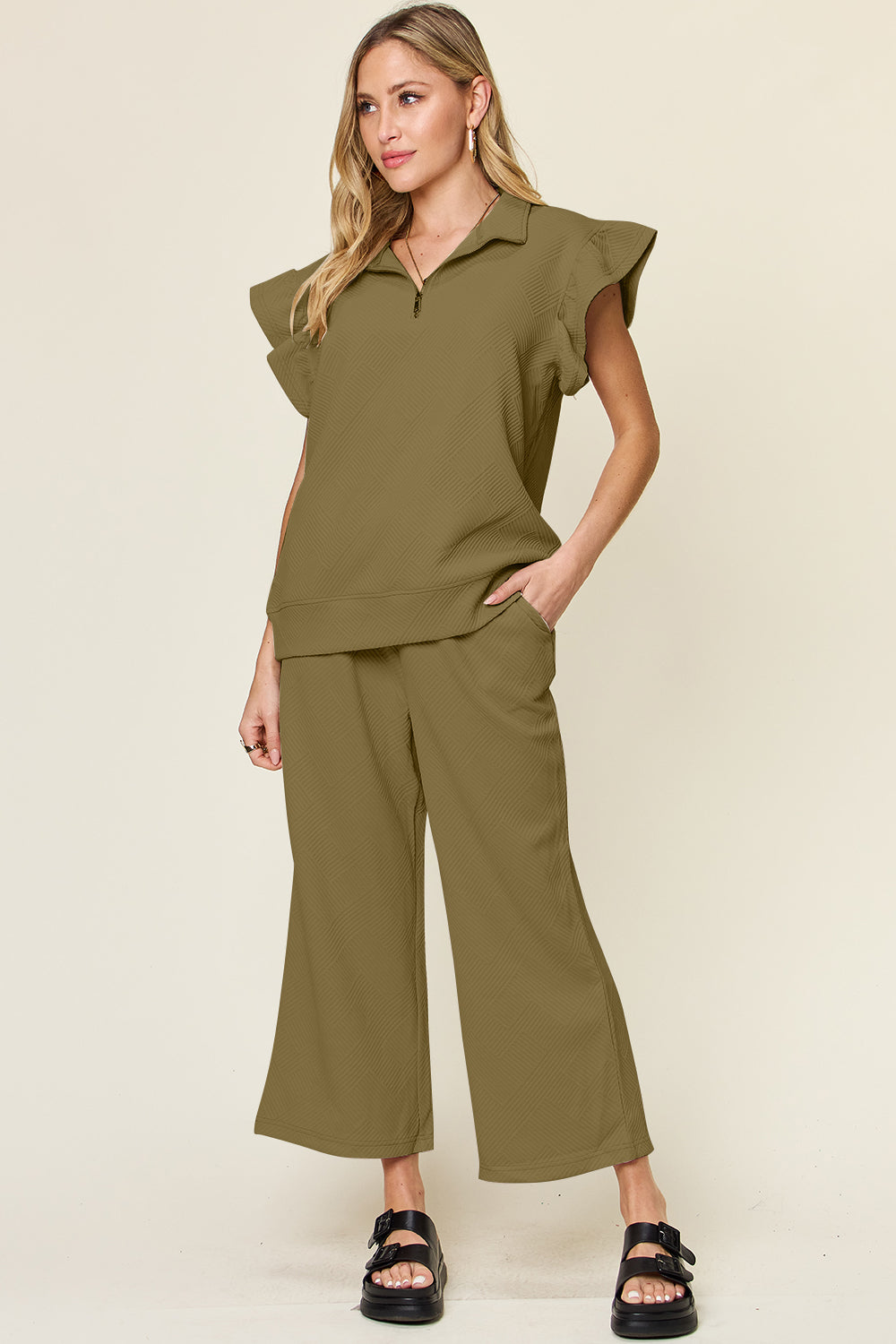 Texture Ruffle Short Sleeve Top and Drawstring Wide Leg Pants Set