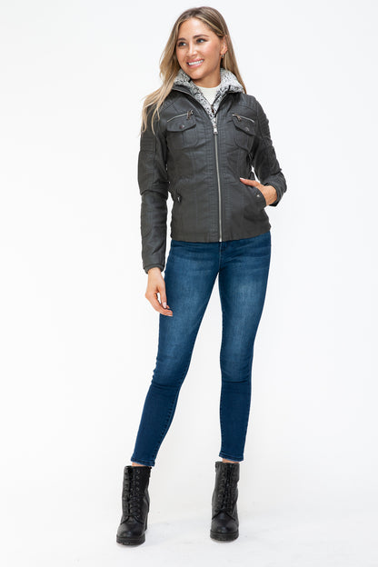 Removable Faux Layered Multi-Pocket Jacket with Fuzzy Hood