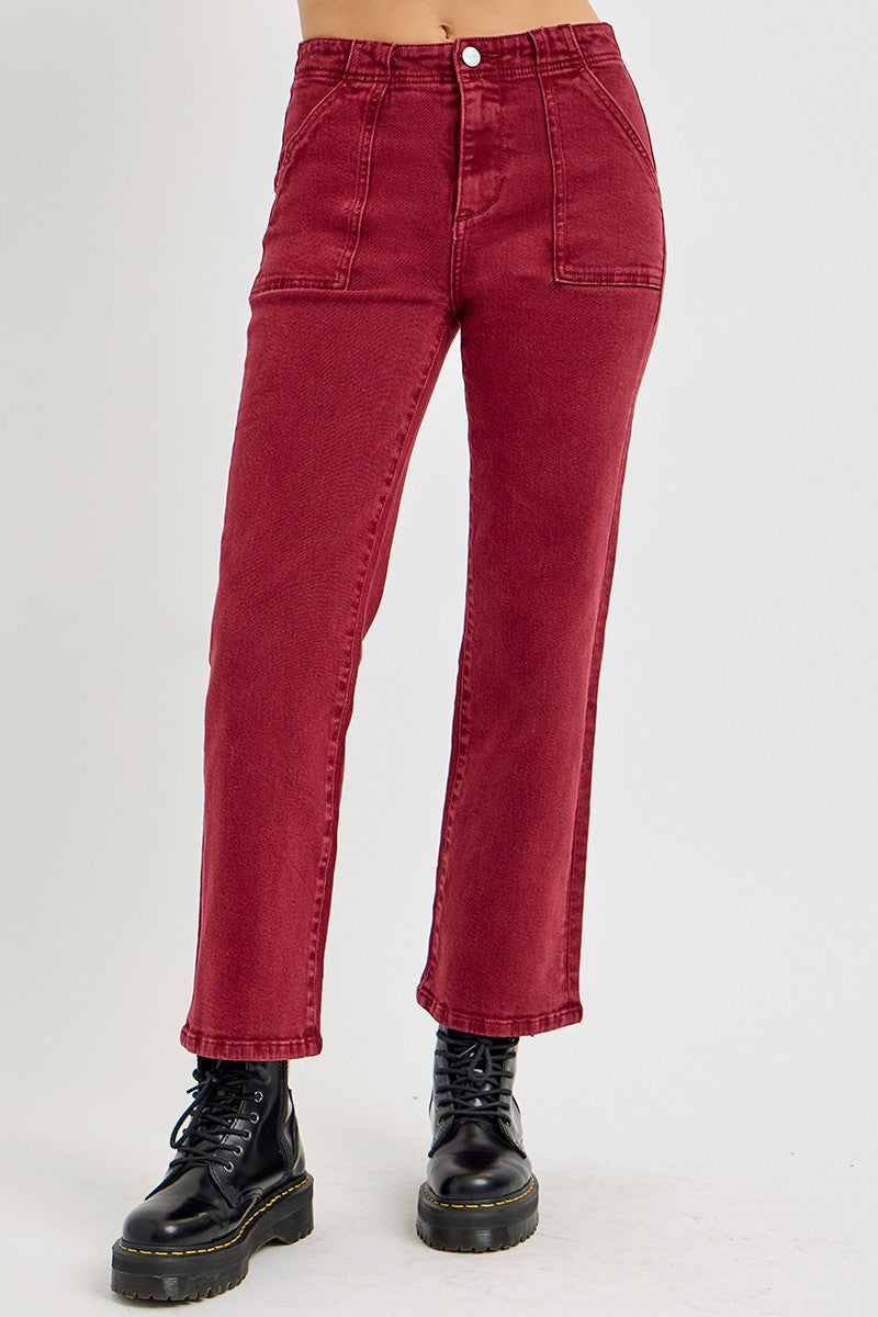 High Rise Straight Jeans with Patch Pockets