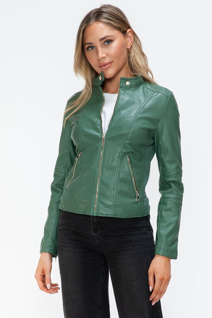 Faux Leather Zip Up Drawstring Hooded Jacket