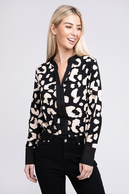 Leopard Notched Neck Blouse