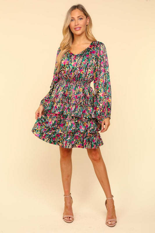 V-Neck Satin Floral Layered Dress