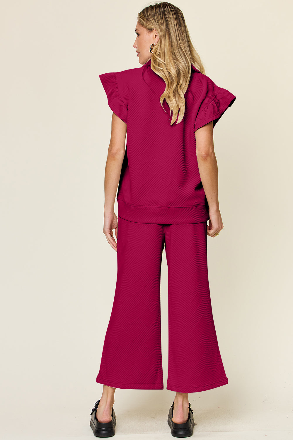 Texture Ruffle Short Sleeve Top and Drawstring Wide Leg Pants Set