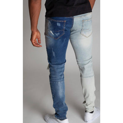 Stylish Two Tone Men's Denim Pants, Distressed Detailing, Plain Pattern, Cotton Spandex Fabric, Drawstring Waistband, Deep Pockets, All Seasons - Day Fashion Menswear Jean