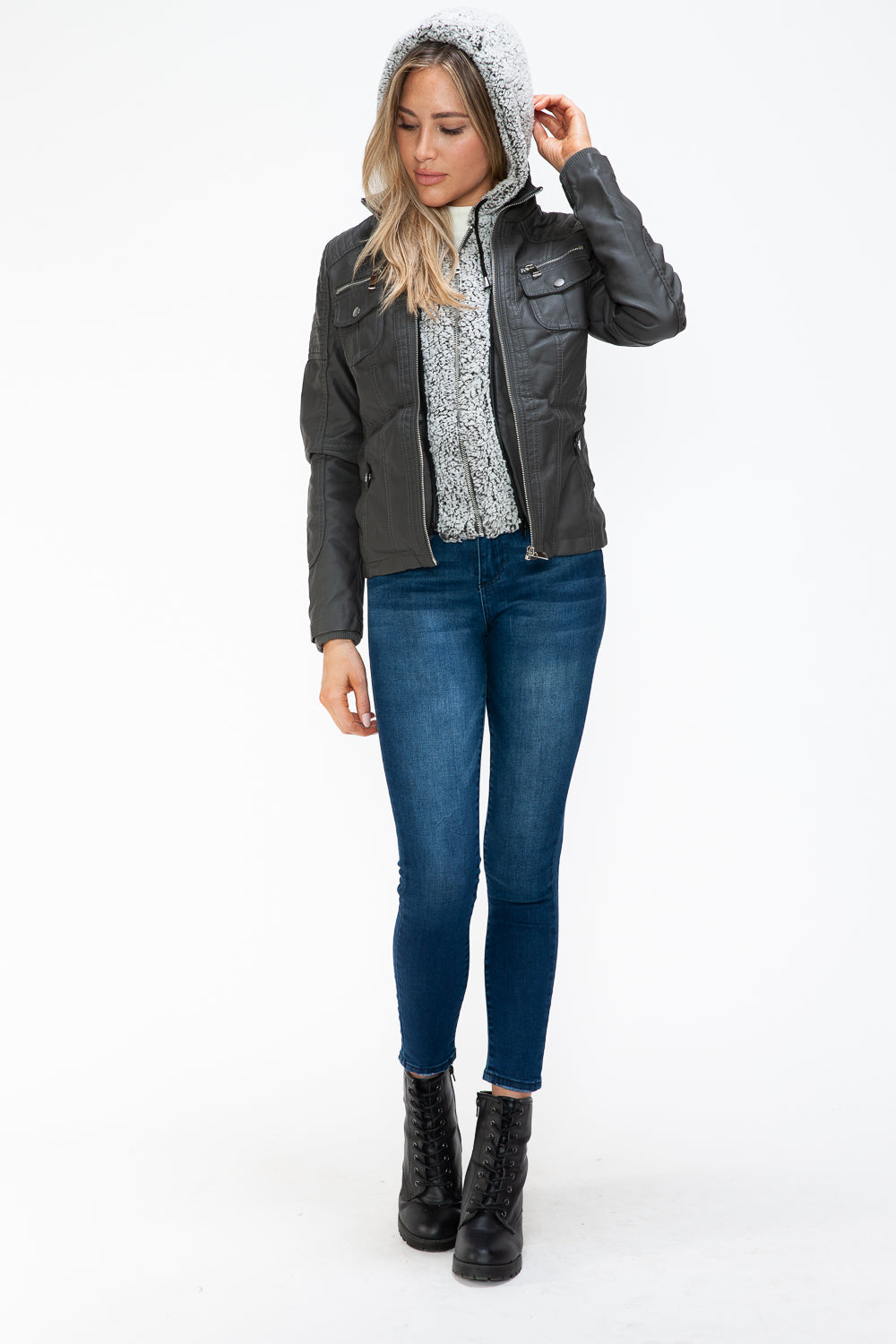 Removable Faux Layered Multi-Pocket Jacket with Fuzzy Hood