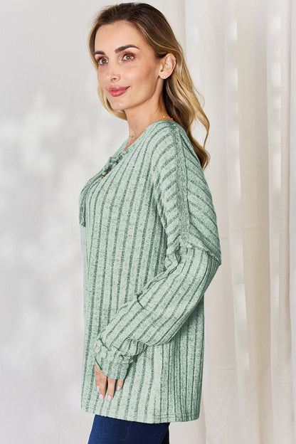 Ribbed Half Button Long Sleeve T-Shirt