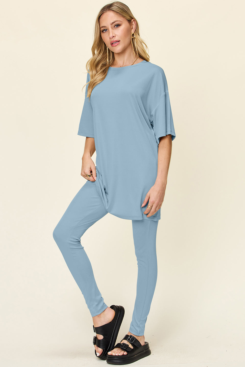 Round Neck Dropped Shoulder T-Shirt and Leggings Set