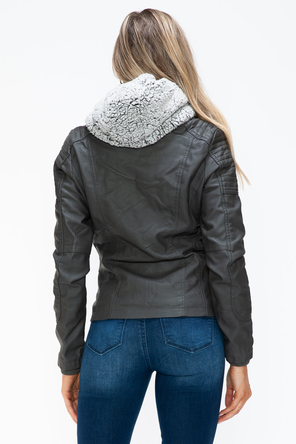 Removable Faux Layered Multi-Pocket Jacket with Fuzzy Hood