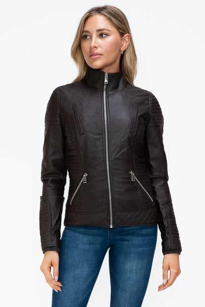 Faux Layered Double-Zipper Jacket with Fuzzy Hood