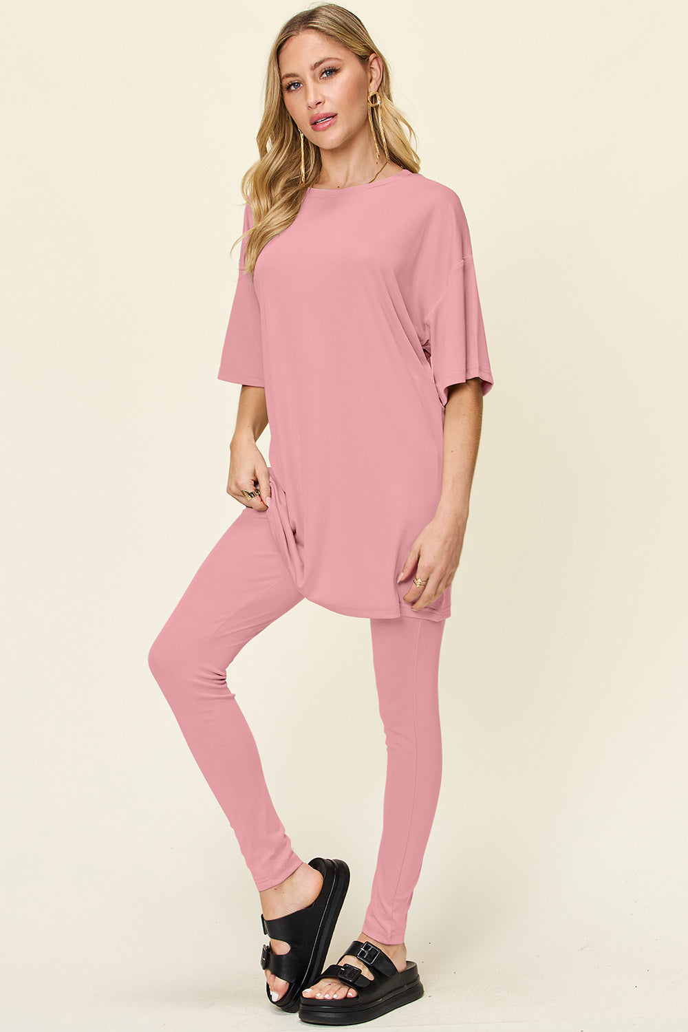 Round Neck Dropped Shoulder T-Shirt and Leggings Set