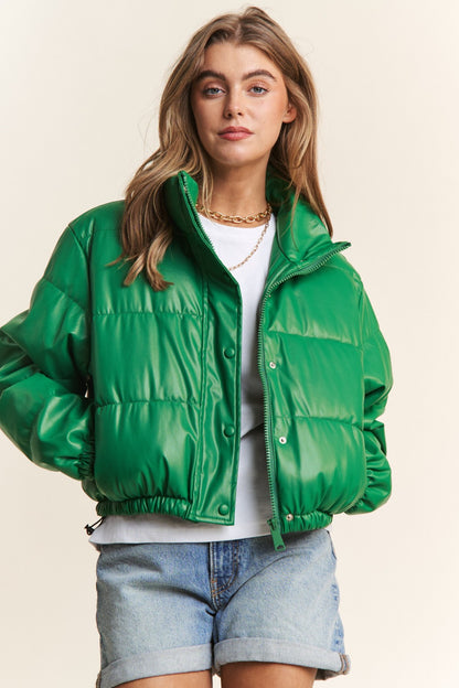 Snap and Zipper Closure Crop Puff Jacket