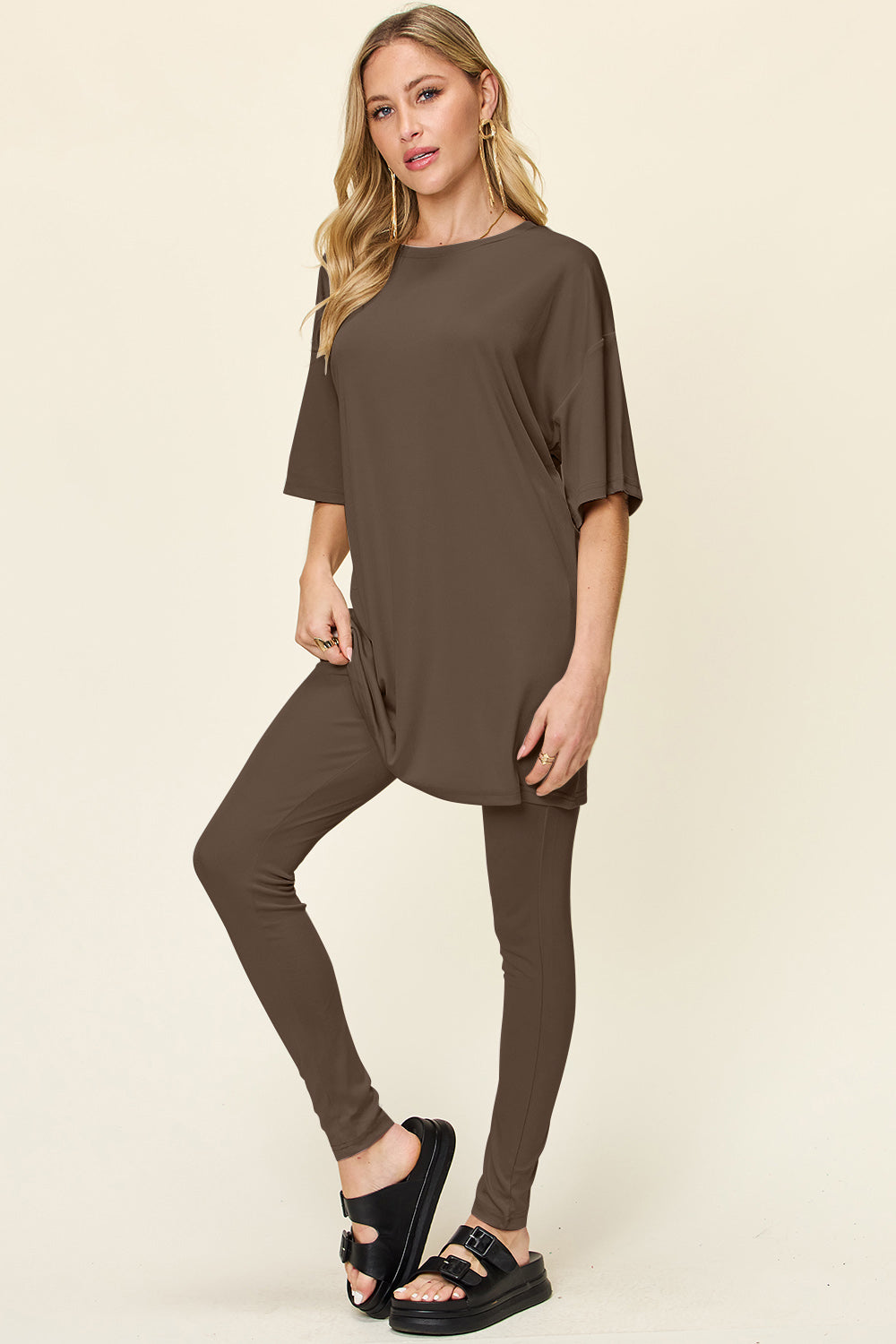 Round Neck Dropped Shoulder T-Shirt and Leggings Set