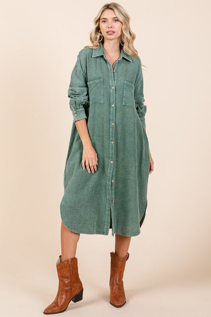 Mineral Wash Cotton Gauze Midi Shirt Dress