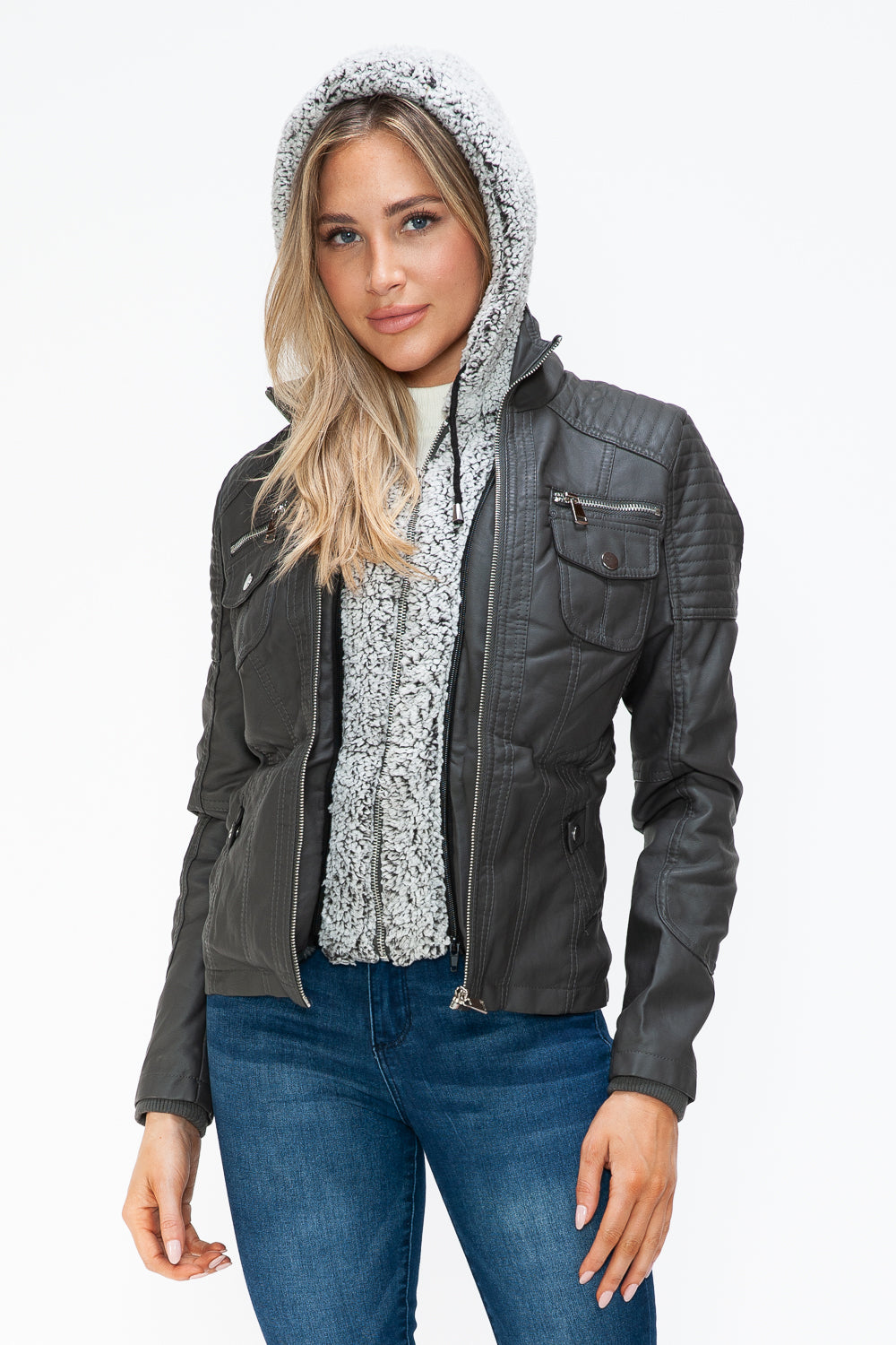 Removable Faux Layered Multi-Pocket Jacket with Fuzzy Hood