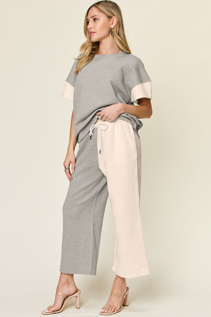 Texture Contrast T-Shirt and Wide Leg Pants Set