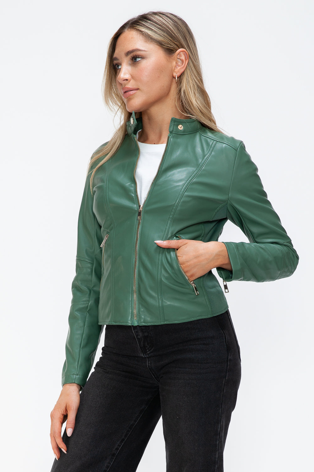 Faux Leather Zip Up Drawstring Hooded Jacket