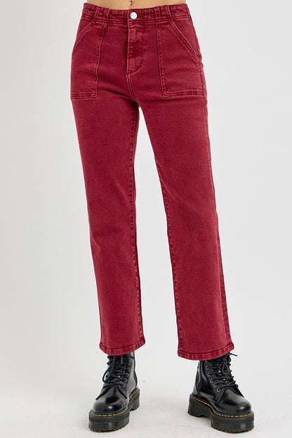 High Rise Straight Jeans with Patch Pockets