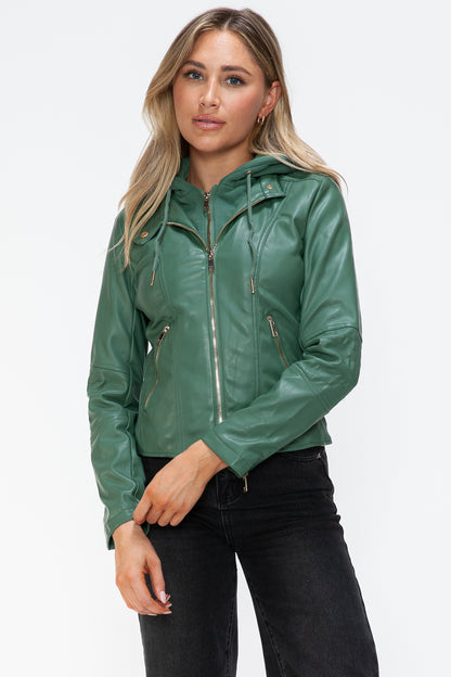 Faux Leather Zip Up Drawstring Hooded Jacket