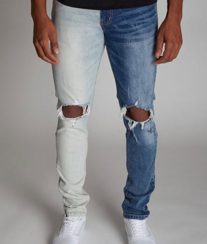 Stylish Two Tone Men's Denim Pants, Distressed Detailing, Plain Pattern, Cotton Spandex Fabric, Drawstring Waistband, Deep Pockets, All Seasons - Day Fashion Menswear Jean