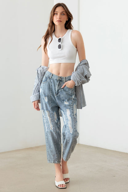 Washed Barrel Leg High Waist Distressed Jeans