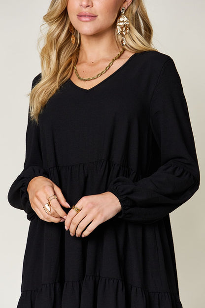 V-Neck Balloon Sleeve Tiered Dress with Pockets