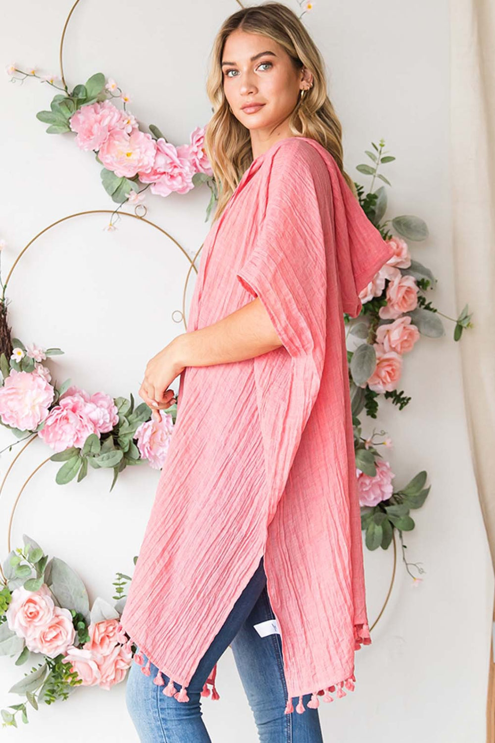 Label Tassel Hem Hooded Cover Up