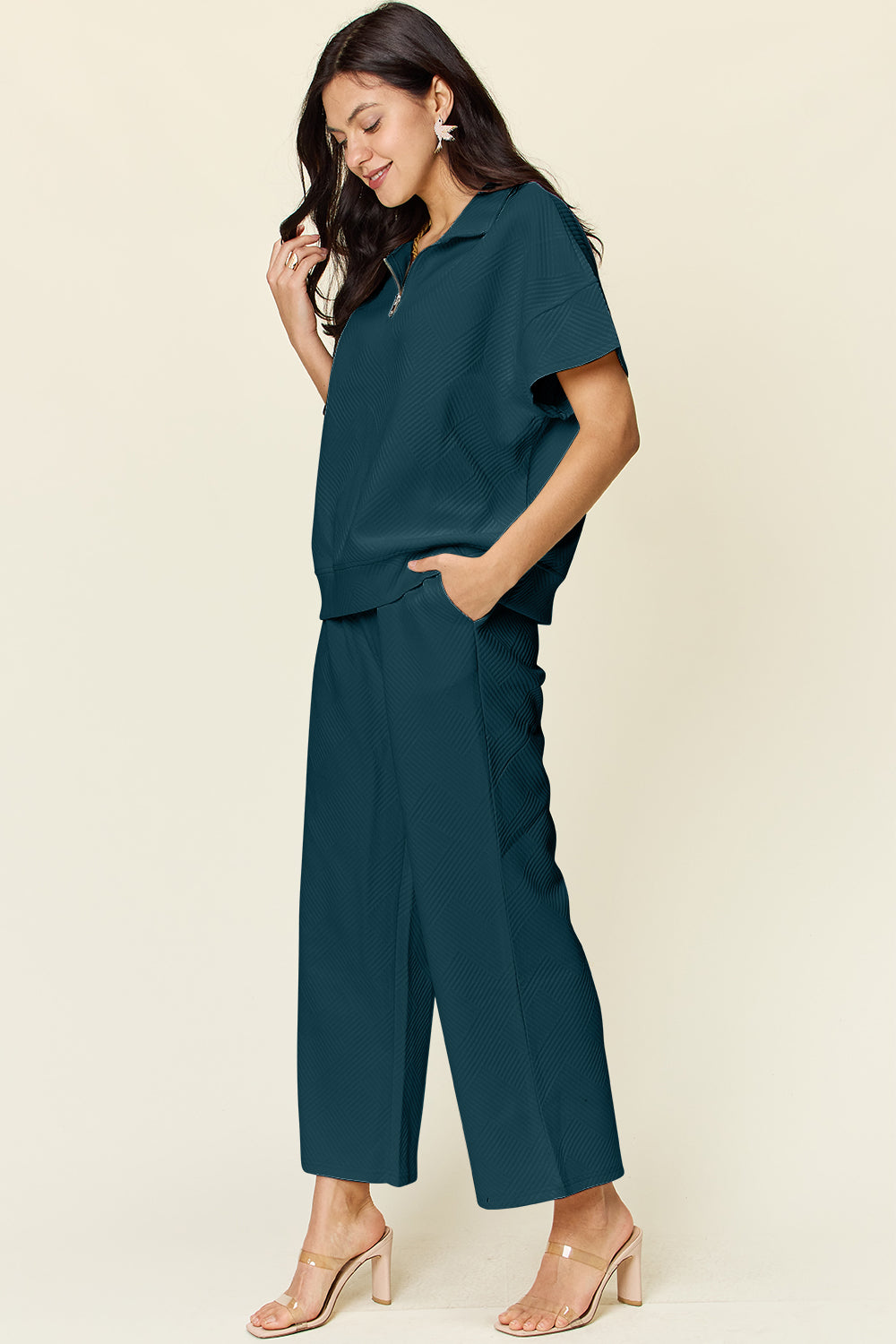 Half Zip Short Sleeve Top and Pants Set