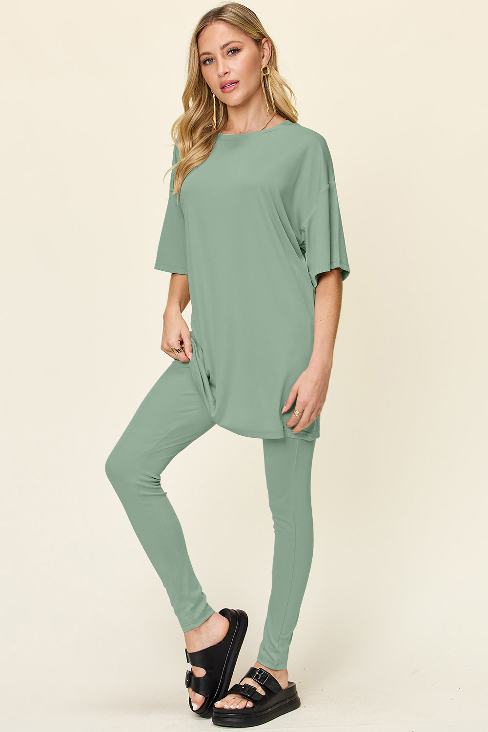 Round Neck Dropped Shoulder T-Shirt and Leggings Set