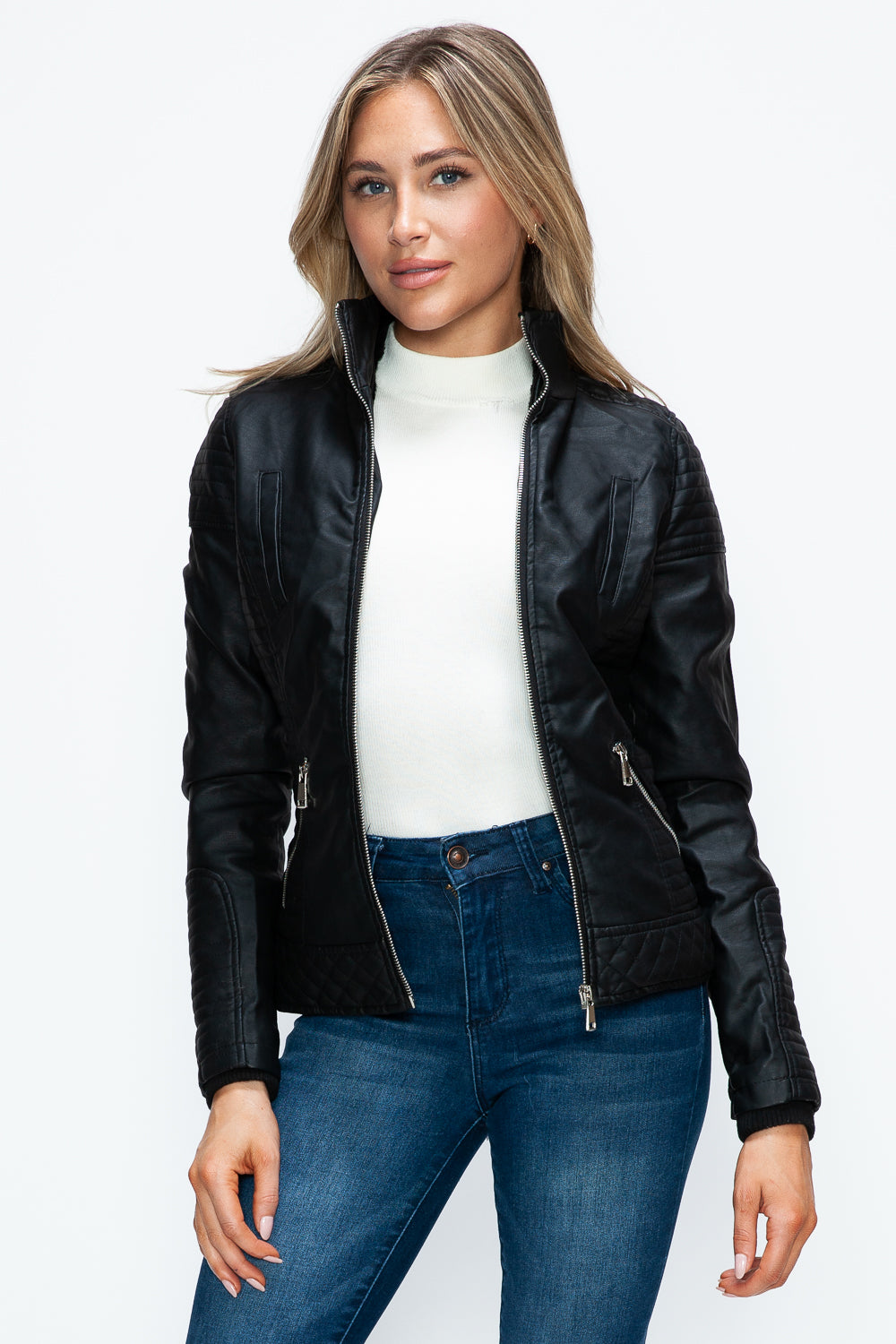 Faux Layered Double-Zipper Jacket with Fuzzy Hood