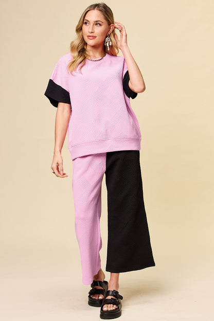 Texture Contrast T-Shirt and Wide Leg Pants Set