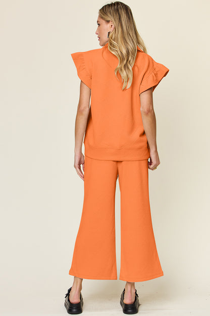 Texture Ruffle Short Sleeve Top and Drawstring Wide Leg Pants Set