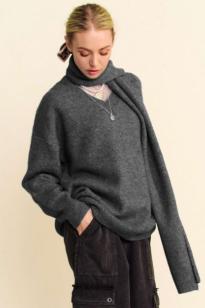 V-Neck Dropped Shoulder Sweater with Scarf Set