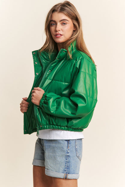 Snap and Zipper Closure Crop Puff Jacket