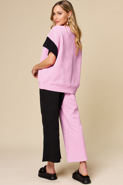 Texture Contrast T-Shirt and Wide Leg Pants Set