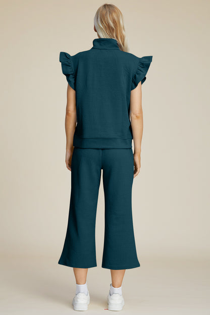 Texture Ruffle Short Sleeve Top and Wide Leg Pants Set