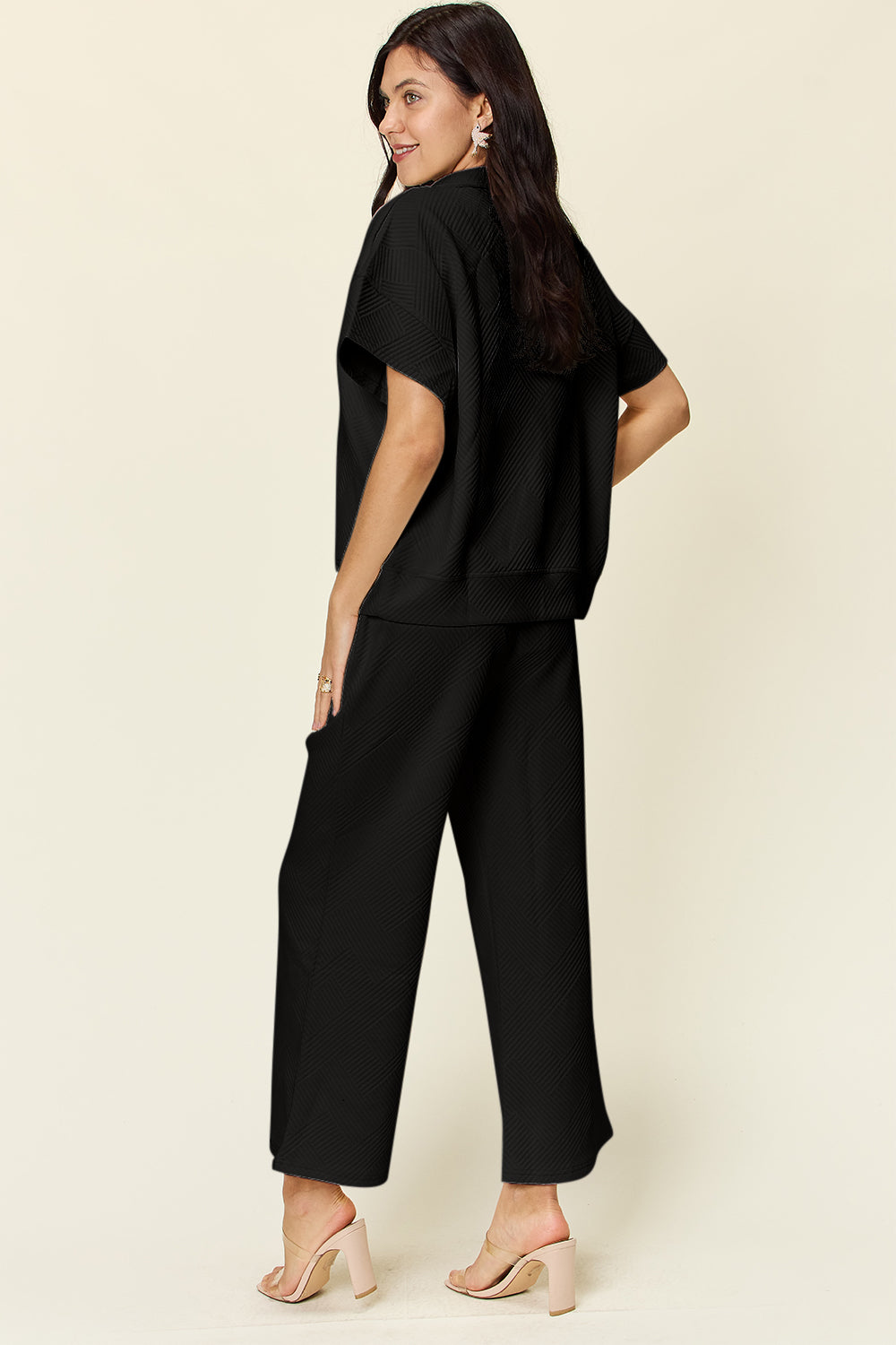 Texture Half Zip Short Sleeve Top and Pants Set