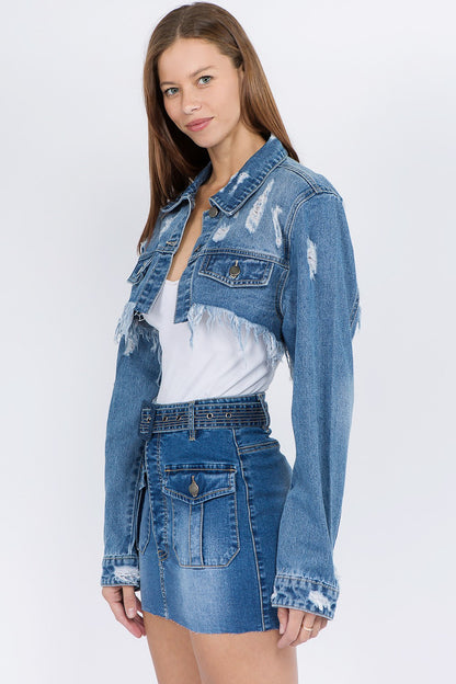 Distressed Denim Jacket with Frayed Hem